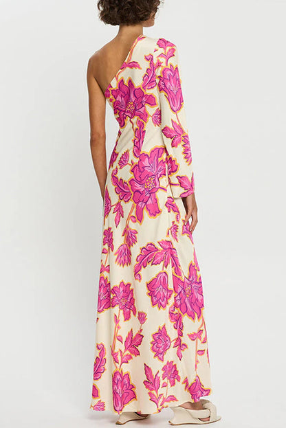 Rhia Satin Floral Print One Shoulder Flared Maxi Dress