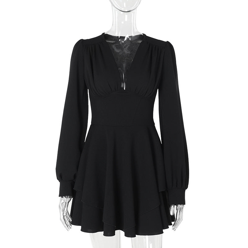 Fall Type Hip Dress Elegant Slim V neck Pleated Dress Women