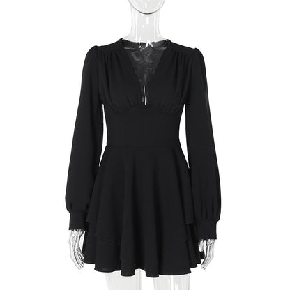 Fall Type Hip Dress Elegant Slim V neck Pleated Dress Women