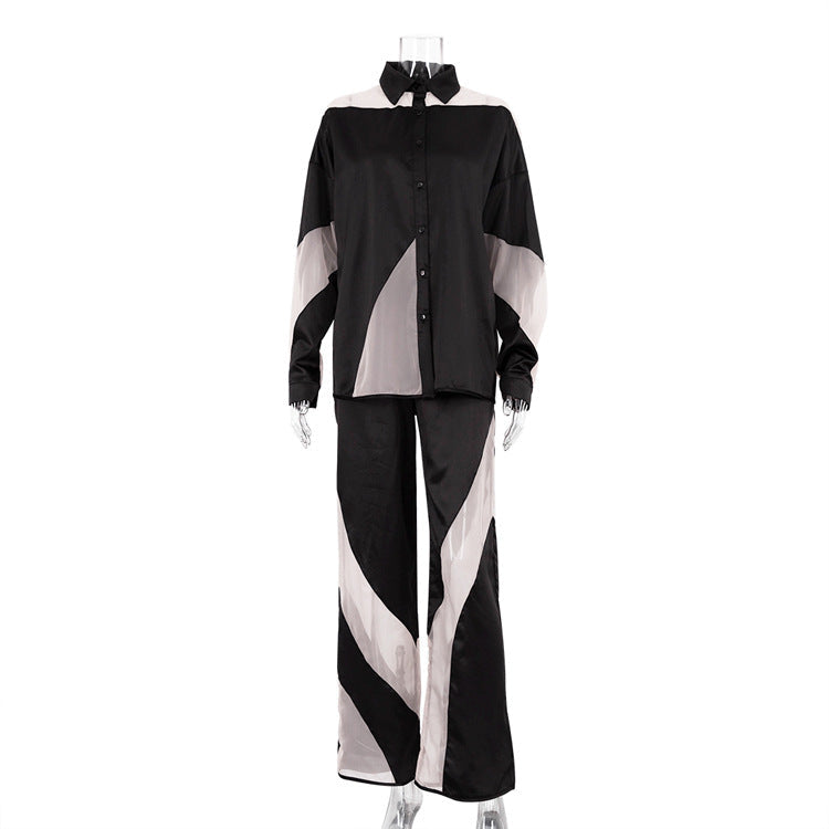 Early Autumn Stitching See through sets Long Sleeve Shirt High Waist Trousers Graceful Satin Women Clothing