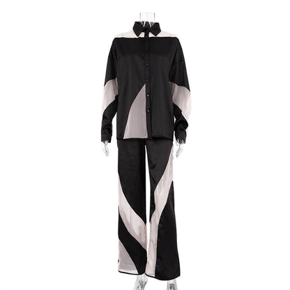 Early Autumn Stitching See through sets Long Sleeve Shirt High Waist Trousers Graceful Satin Women Clothing