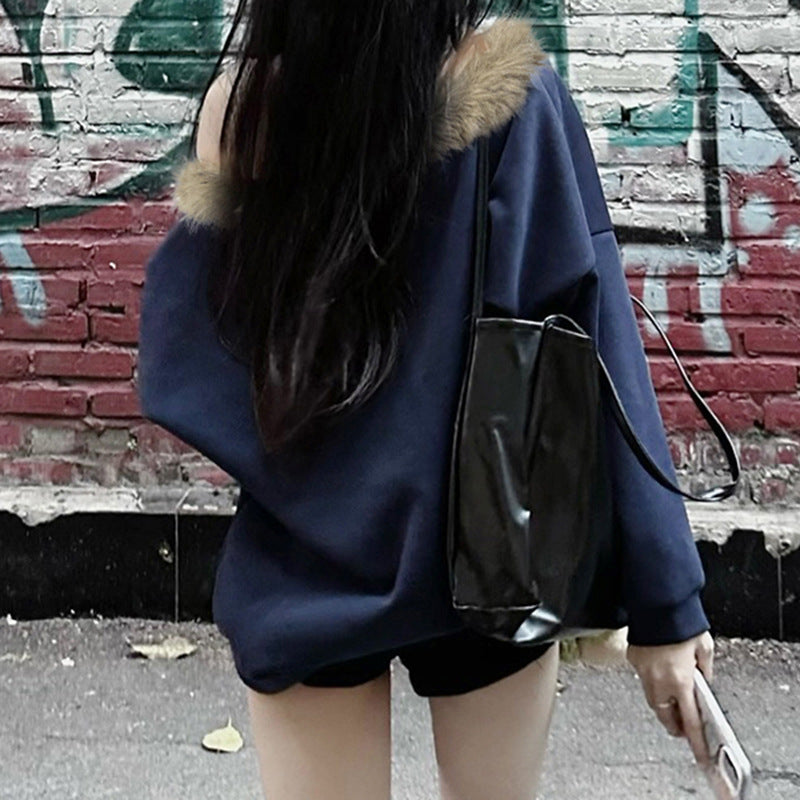 Street Furry Stitching Personality Diagonal Collar Loose Sweatshirt Sexy Sexy off Shoulder Casual Long Sleeves