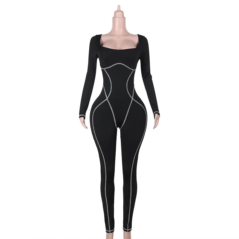 Autumn Women Clothing Street Personalized Sexy Slim Fit Square Collar Split Jumpsuit