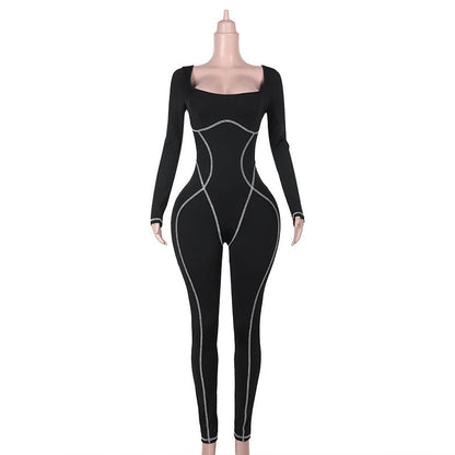 Autumn Women Clothing Street Personalized Sexy Slim Fit Square Collar Split Jumpsuit