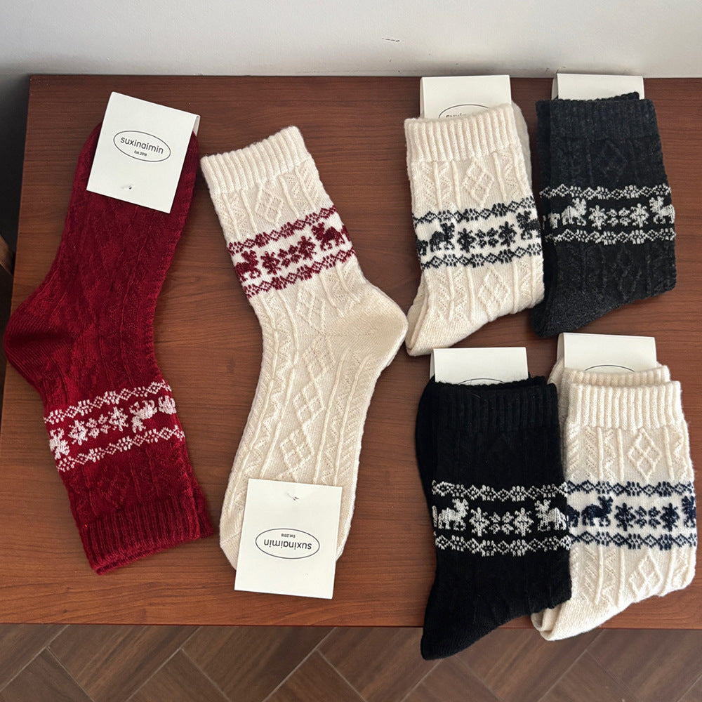 Wool Retro Elk Warm Slouchy Crew Socks