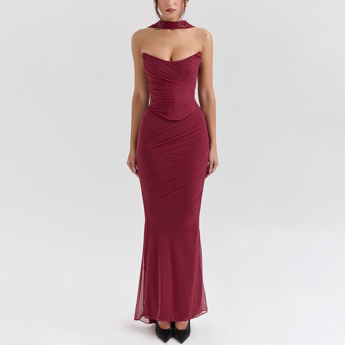 Sexy Dress Boning Corset Tube Top Skinny Sheath Skirt Long Skirt Set Autumn Two-Piece Set High Grade with Scarf