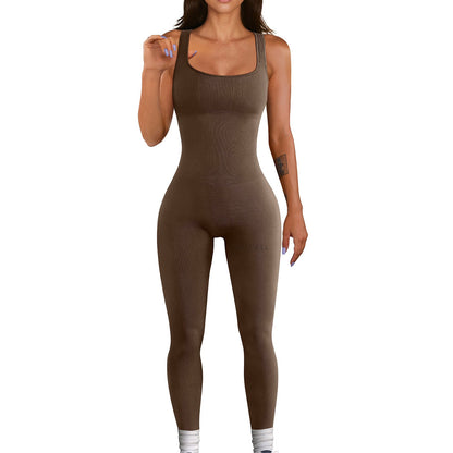 Women Clothing Sleeveless Vest Jumpsuit Thread Square Collar Hip Raise Slim Fit Sexy Jumpsuit