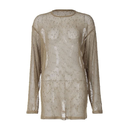 Long sleeve crewneck hollow out see through cut out top  | Festival Outfits Women