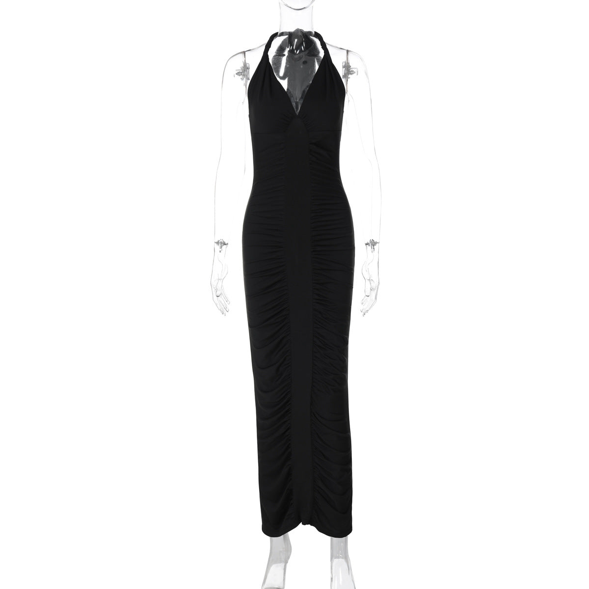 Women Clothing Winter Sexy V neck Backless Lace up Slim Fit Pleated Dress