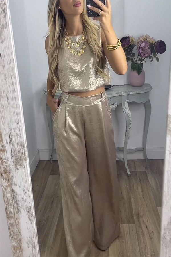 Rita Metallic Fabric Back Buttons Crop Tank and Elastic Waist Pocketed Wide Leg Pants Set