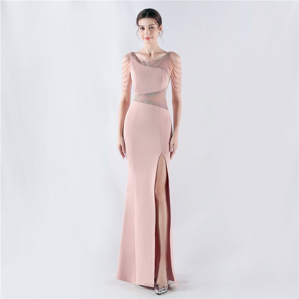 Dress Heavy Embroidery Drilling Give Sheer Mesh High Fork Satin Evening Dress Annual Meeting Wedding