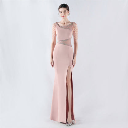 Dress Heavy Embroidery Drilling Give Sheer Mesh High Fork Satin Evening Dress Annual Meeting Wedding