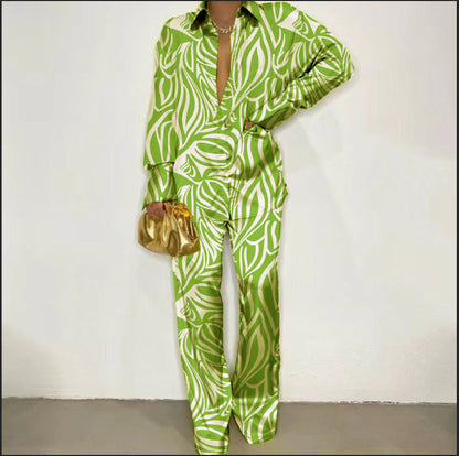 Autumn Winter Women Printed Casual Long Sleeve Shirt Loose Trousers Two Piece Suit