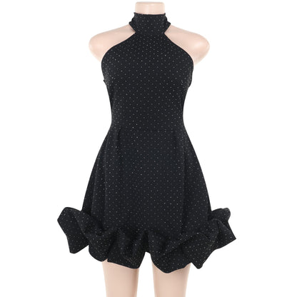 Autumn Elegant Sexy Slim Fit Rhinestone Halter Sleeveless A line Dress Women
