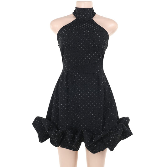 Autumn Elegant Sexy Slim Fit Rhinestone Halter Sleeveless A line Dress Women