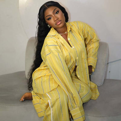 African plus Size Women Clothing Casual Loose Striped Shirt Trousers Two Piece Sets Women Autumn