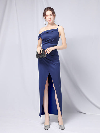 Line shoulder slim banquet evening dress
