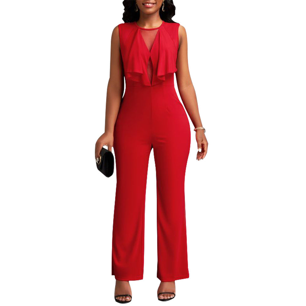 Women Wear Ruffled Sleeveless Straight Jumpsuit
