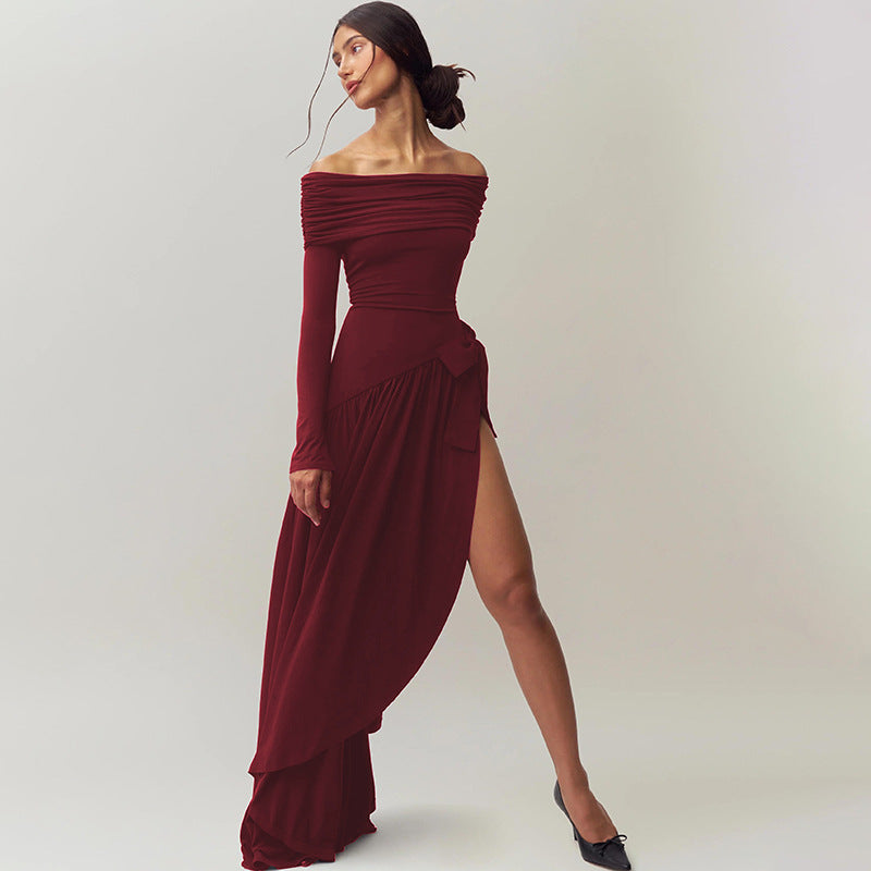 Women Clothing Autumn Winter Sexy off Shoulder Hollow Out Cutout Solid Color Bow Long Sleeve Split Dress Women
