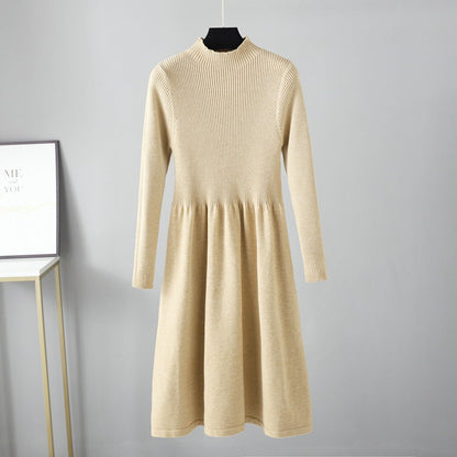 Half Turtleneck Knitted Dress Autumn Winter Long Sleeve Waist Controlled Base Slim Black Woolen Women