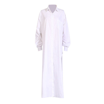 Fall Casual Collared Side Slit Simple All Match Long Sleeves Long Shirt for Women