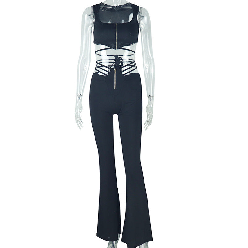 Women Sexy Black Sleeveless Top High Waist Bandage Tight Sport Pants Set