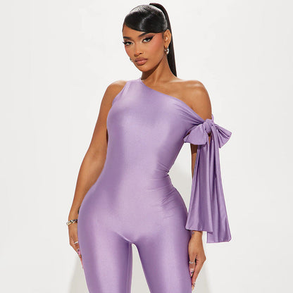 Women Clothing Summer One Shoulder Sexy Twisted Asymmetric Tight Jumpsuit