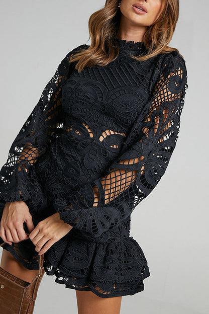 Solid Color Hollow Long-sleeved Waisted Lace Mini Dress