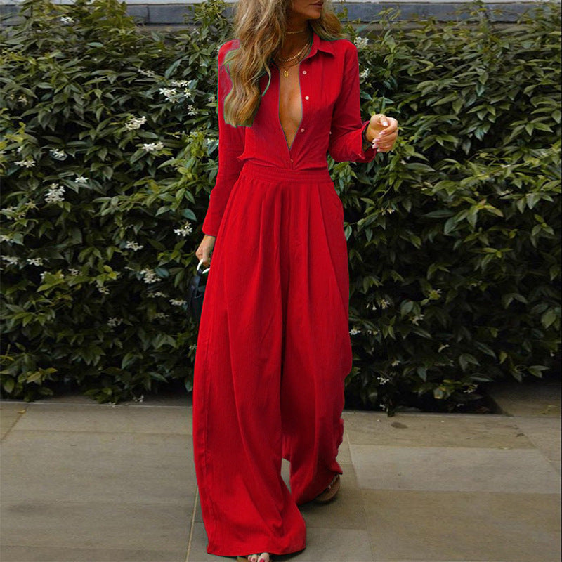 Women Clothing Solid Color Sexy Cardigan Shirt Casual Loose-Fitting Wide-Leg Trousers Two-Piece Set