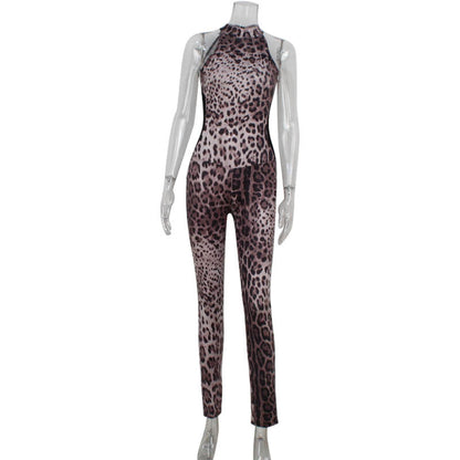 Sexy Sleeveless Halter Leopard Print Printed Mesh Stitching Jumpsuit Tight High Elastic Trousers