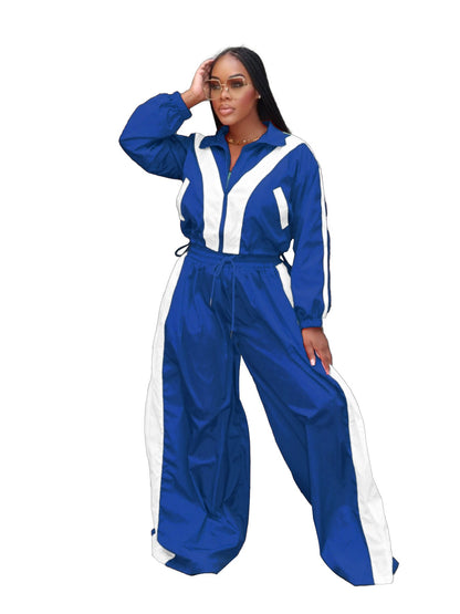 Women Zipper Waist Stitching Contrast Color Oversized Super Trendy Two Piece Suit