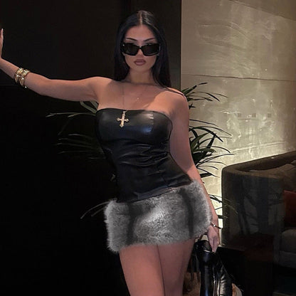 Women Clothing Autumn Winter Collarless Leather Tube Top Plush Stitching Hip Short Dress