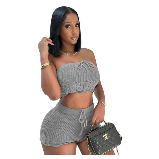 Women Clothing Casual Knitted Tube Top Shorts Two Piece Set