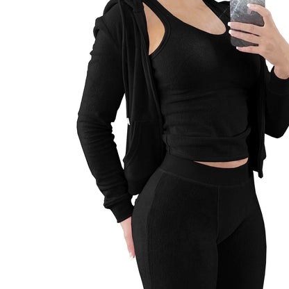 Women Clothing International Station Autumn Winter Plush Hooded Vest Three Piece Set