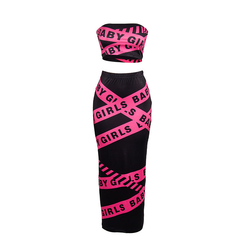 Spring Summer Sleeveless Letter Graphic Print Tube Top Long Skirt Women Set
