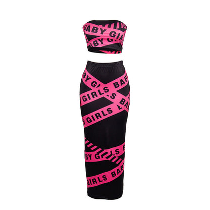 Spring Summer Sleeveless Letter Graphic Print Tube Top Long Skirt Women Set