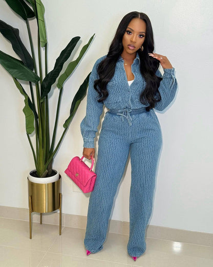 Long Sleeved Trousers Denim Women Wear Two Piece Set