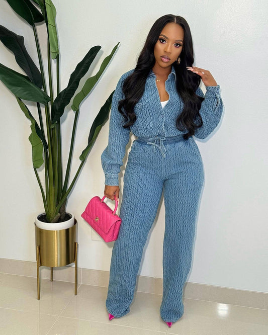 Long Sleeved Trousers Denim Women Wear Two Piece Set