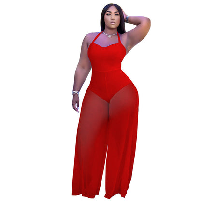 Women Clothing Solid Color Double Sided Fabric Stitching Strap Halter Jumpsuit Woman Loose