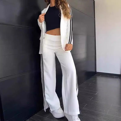 Autumn Winter Women Casual Polo Collar Suit Wide Leg Pants Two Piece Suit