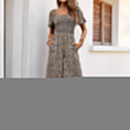 Women Summer Jumpsuit Square Collar Puff Sleeve Wide Leg Pants Printed Jumpsuit