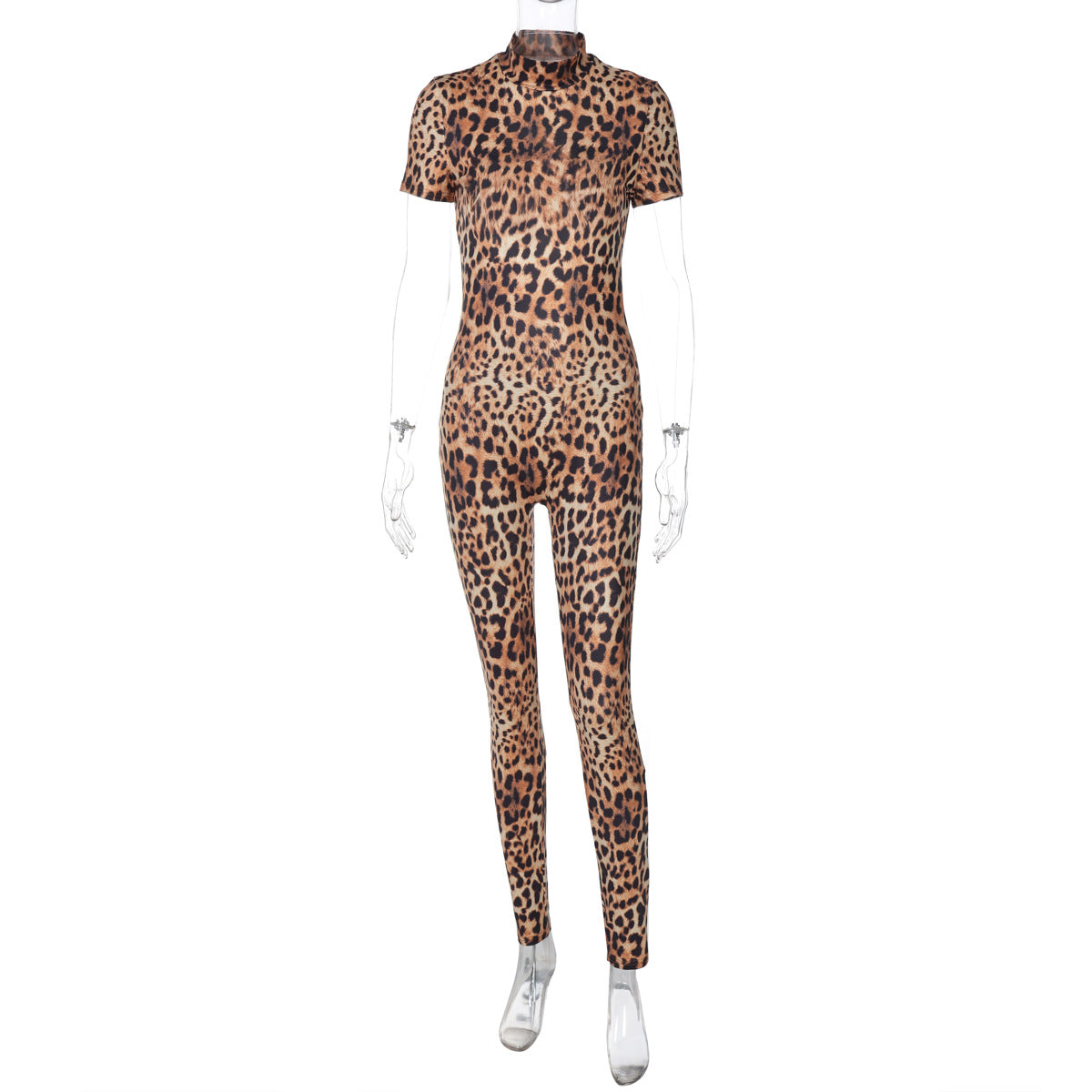 Women Clothing Summer Leopard Print Short Sleeve Backless Slim Fit Jumpsuit Women
