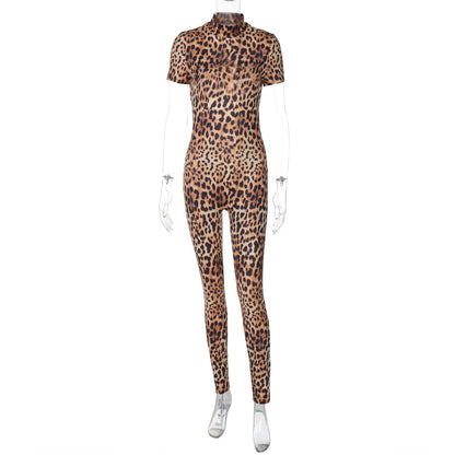 Women Clothing Summer Leopard Print Short Sleeve Backless Slim Fit Jumpsuit Women