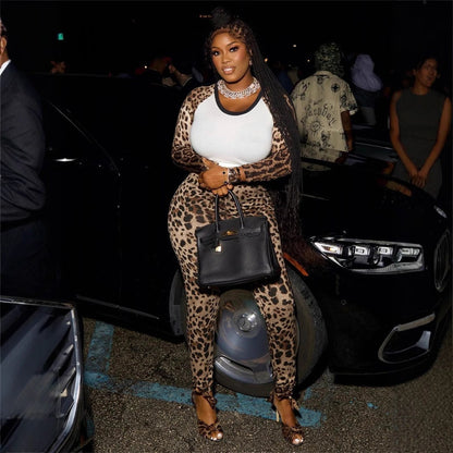 Fall Leopard Splicing Slim Fit Sexy Sexy Cropped Long Sleeve Top Trousers Two Piece Sets