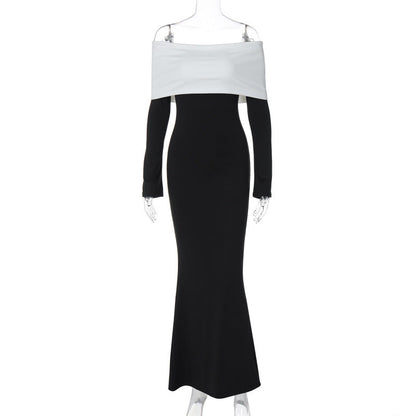 Women Clothing Autumn Winter Contrast Color off Shoulder Long Sleeve Waist Slimming Maxi Dress
