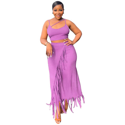 Sleeveless Cropped Short Vest Small Pit High Waist Tassel Dress Two Piece Set