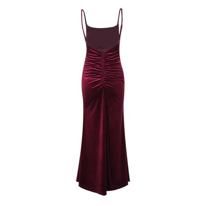 Autumn Socialite Sexy Velvet Pleated Fitted Waist Backless Sling Dress