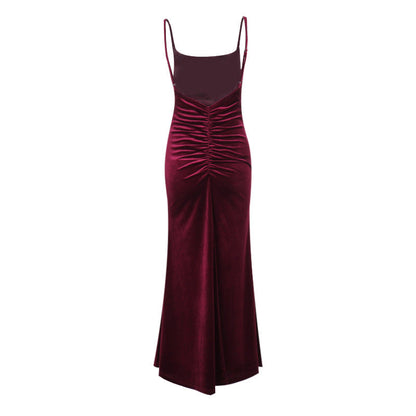 Autumn Socialite Sexy Velvet Pleated Fitted Waist Backless Sling Dress