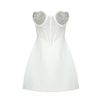 Sexy Peach Heart Drilling a Swing Strapless Dress Autumn Mesh See through Backless Dress