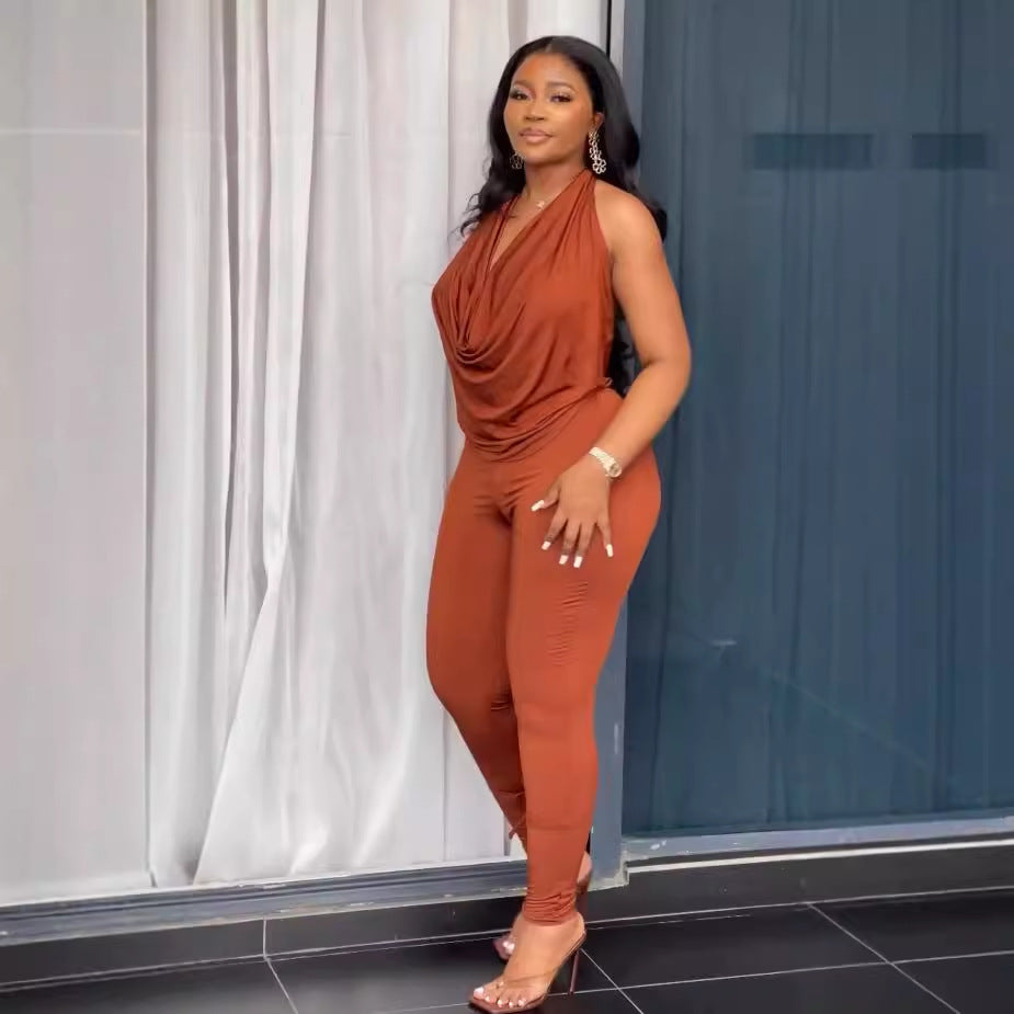 Solid Color Stretch Halter Backless Top Trousers Two Piece Set